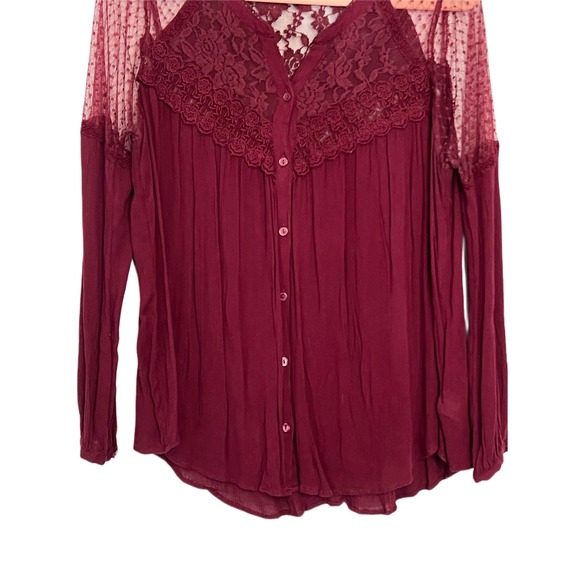 American Eagle Outfitters Burgandy Long Sleeves Tunic Lace Button Up Top Size L - Picture 3 of 10